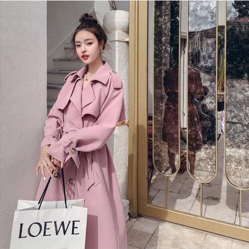 2020 Spring Womens Plus Size Trench Coat British Style High Quality Double Breasted Pink Long Windbreaker Female With Belt Z347