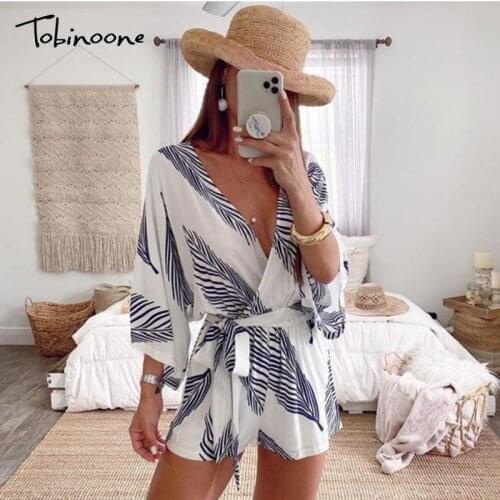 Tobinoone Print V Neck Jumpsuit Women Tie Bow Full Sleeve Loose Sexy Jumpsuit Summer Shorts Casual Holiday Bodysuit 2021