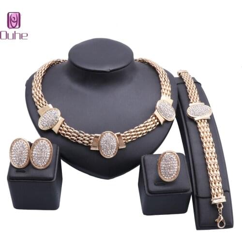 Women Wedding Bridal Jewelry Set Dubai Gold Color Crystal Party Necklace Bracelet Earring Ring Jewelry Set