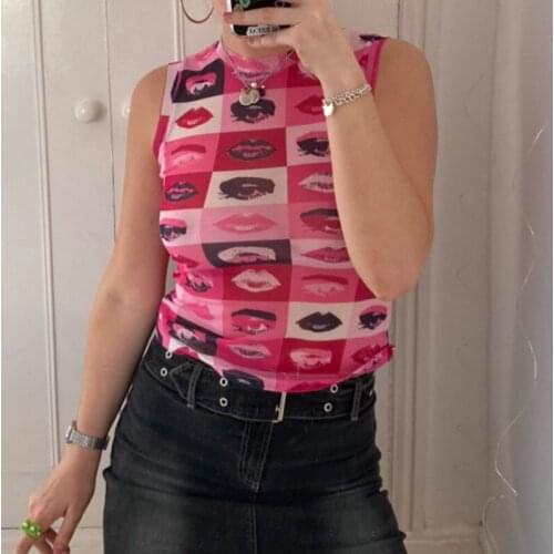 Womens Vintage Graphic Lips Eyes Print Vest Sheer Mesh Sleeveless Round Neck Slim Fit Tank Top Summer 90s Streetwear