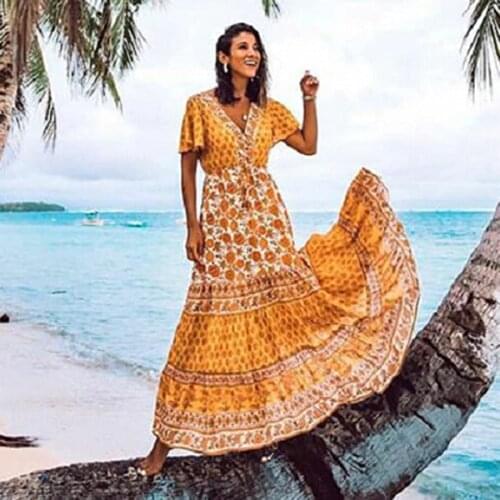 TEELYNN BOHO dress 2019 rayon yellow floral print Dresses v-ncek beach wear summer dress Gypsy long women dresses maxi vestidos