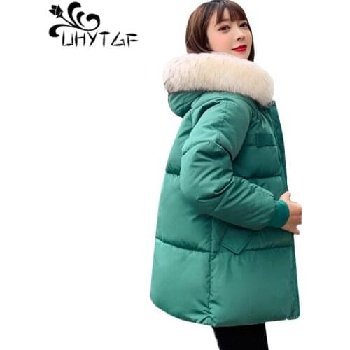 UHYTGF Parker women short coat Fur collar hooded winter down cotton warm jacket Snow Thicken student plus size Parker jacket 268
