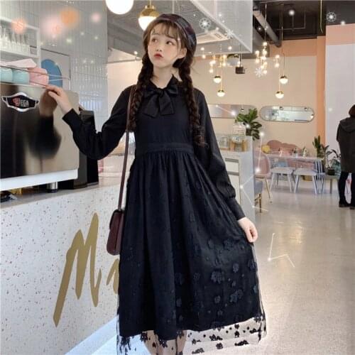 Vintage Style Women Long Sleeve Mid-calf Dress Elegant Bow Trim Women Lace Patchwork Dress Autumn Women Fashion One Piece Sweet