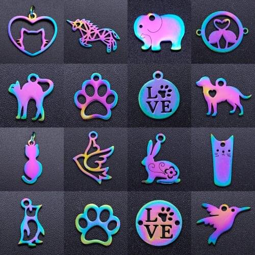 5pcs/lot Rainbow Dog Cat Paw DIY Charms Wholesale 100% Stainless Steel Unicorn Pendant Bear Hummingbird Dove Connectors Charm