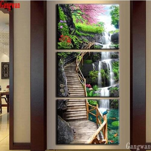 5D full square round Diamond Painting Cross Stitch 3pcs set waterfall Scenery Embroidery Diamond Mosaic Rhinestone Wall Decor