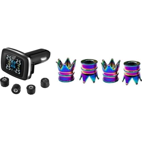 Car TPMS Lighter Digital Tpms Car Tire Pressure Alarm System with 4X Neon Color Crown Car Wheel Tire Valve Stem Cap