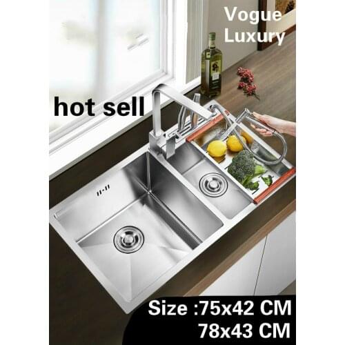Free shipping Home vogue kitchen manual sink double groove wash vegetables standard 304 stainless steel hot sell 75x42/78x43 CM