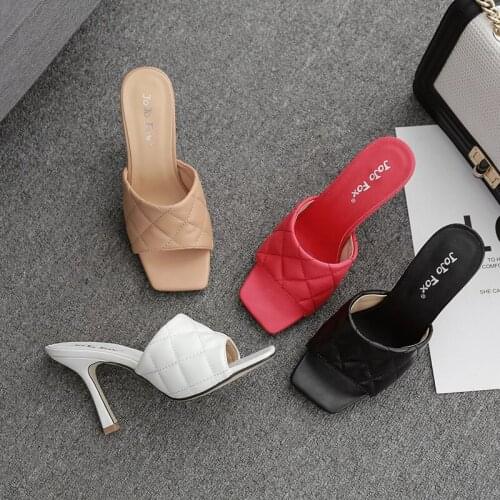 Marian Sqaure Toe Red Quilted Mule Heels Shoe Black PU High Heel Shoes Women Sandals Sliper Woman Shoes zapatos mujer White Blue
