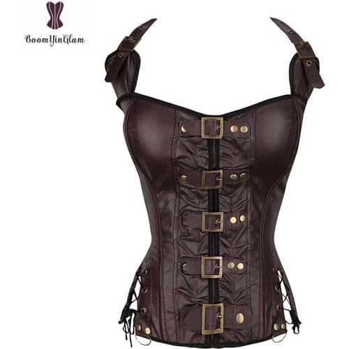 Steampunk Gothic Corset Top Buckle Belt Punk Black Coffee Halter Neck Overbust Corselet Elastic Boned Bustier Gorset Sexy Outfit