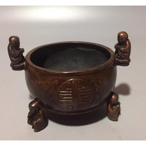 Chinese Collection Pure Brass Handmade Carved Small Monk Buddha Buddha Statue Incense Burner Home Decoration