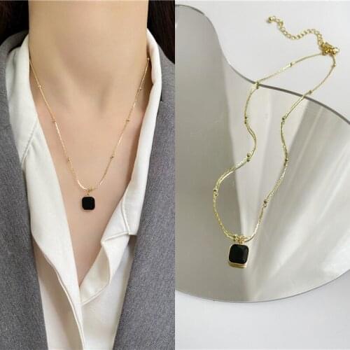 Classic Simple Metal Bead Chain Black Square Pendant Necklace for Women Men Girls Teens Korean Fashion Necklaces 2021 New Trend