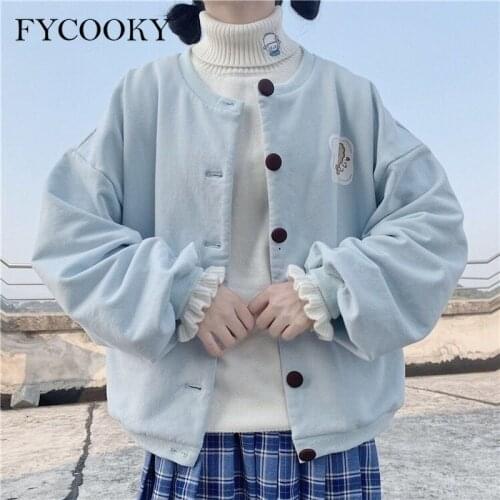 Korean Style Loose Zip Up Hoodies Women Autumn College Style Japanese Cute Lantern Sleeve Sweatshirts Kawaii Cartoon Hoodie