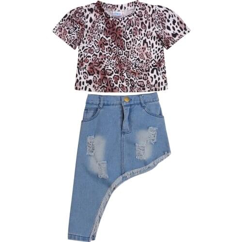 Girl’s Outfits Two Piece Suit Fashion Leopard Short Sleeve T-shirt and Ripped Denim Skirt