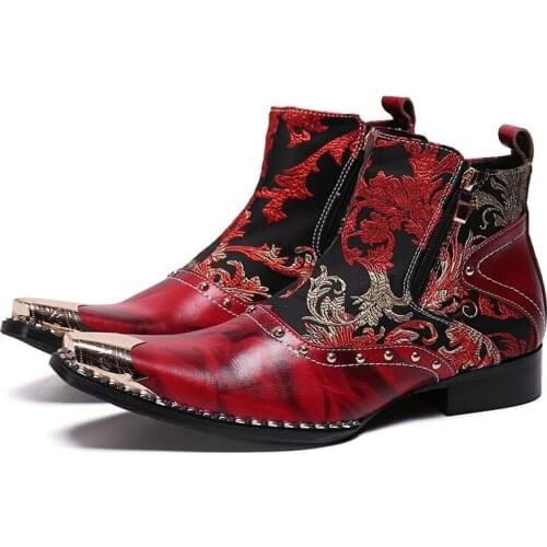 Luxury British Style Men Mid Calf Red Boots Steel Toe Genuine Leather Motorcycle Cowboy Boots Male Snake Skin Boots Dress Shoes