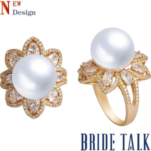 Bride Talk European Flower Shape Round Large Pearl Ring Zirconia Crystal Finger Jewelry Party Wedding Engagement Fashion Rings