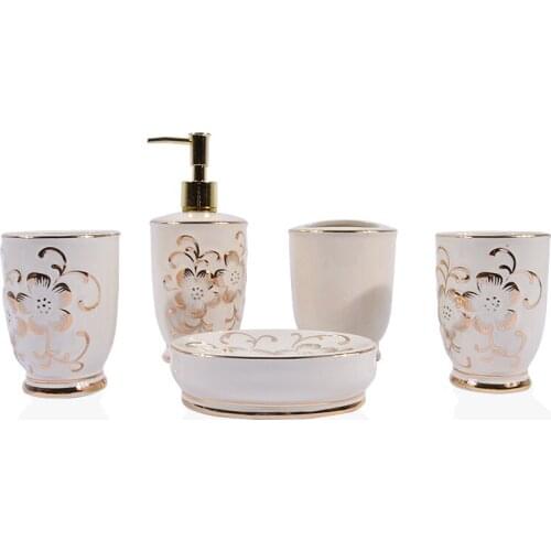 New Arrival European-style Ceramic Bathroom Five-piece Set 05001-1 Creative Bathroom Toiletries Rinse Cup Brush Cup Set Hot Sale