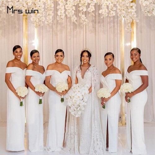 Mrs win Bridesmaid Dress White Off Shoulder Elegant Vestido Madrinha Sexy Split Boat Neck Plus Size Wedding Guest Dresses HR321