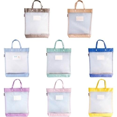 Portable Transparent Nylon Mesh School Tote Student Subject Classification Snap Storage Bag Document File Holder