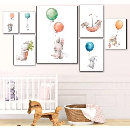 Baby Rabbit Poster Bunny Balloon Animal Print Nursery Wall Art Canvas Painting Nordic Posters Wall Pictures Kids Room Decoration