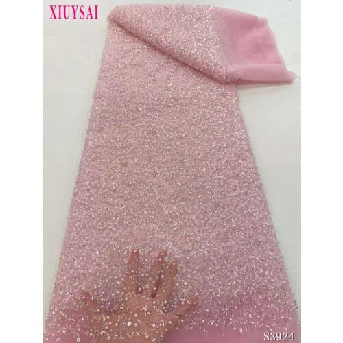 Luxury New arrival Sequins Beads African Pink Lace Fabric 2021 High Quality French Tulle Net with Sequins For Nigeria Wedding