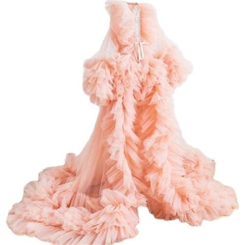 Luxury Maternity Robe Frilled Ruffles Puffy Long Sleeves Maternity Gown Tulle Maxi Skirt Photoshoot Robe Boudoir Tulle Dress