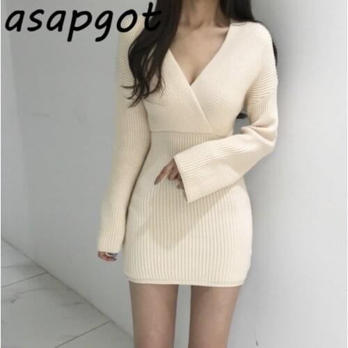 Chic Autumn Winter Knit Cross V Neck Off The Shoulder Sweaters Dress Short Sexy Slim Wrap Hip Casual Dress Vestido De Mujer