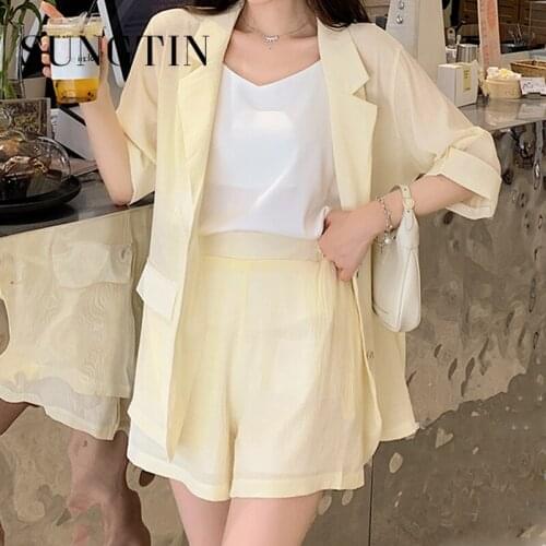 Sungtin 3 Piece Set Women Suit Blazer Tanks and Shorts Summer Thin Short Sleeve Blazer Simple Fashion High Waist Wide Leg Shorts