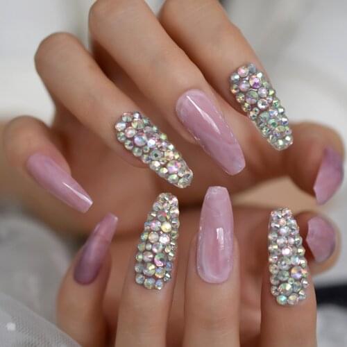 Gorgeous Rhinestone Decorative Fake Nails Marble Pink Grey AB Crystal Press On Nail Customize 24pcs