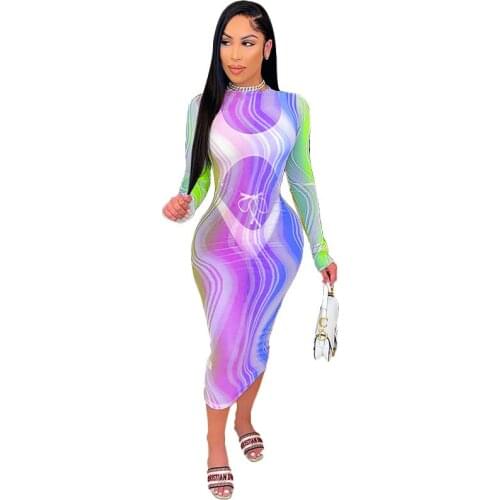 Spring Summer 2021 Sexy Dress Mesh Sheer Tie Dye Gradient Long Sleeve Maxi Dresses for Women Mall Goth Birthday Club Outfits Y2k