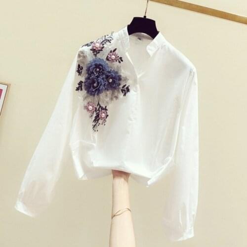 Flower embroidery beaded women white shirts 2020 summer new office lady elegant long-sleeved shirts outwear tops