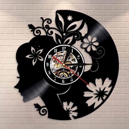 Girl with Floral Hair Wall Art Beautiful Lady Wall Clock Home Decor Wall Watch Fashion Lady Flowers Hair Vinyl Record Wall Clock