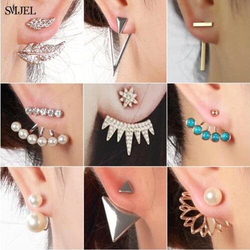 2021 New Crystal Triangle Geometric Earrings for Women Pearl Ear Jackets Front Back Stud Earrings Piercing Jewelry Gift bijoux