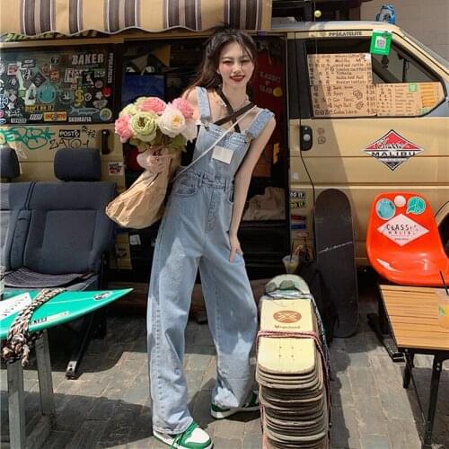 Women Braces Jeans New 2021 Summer Blue Baggy High Waist Straight Denim Overalls Pants Vintage Casual Wide Leg Straps Trouser