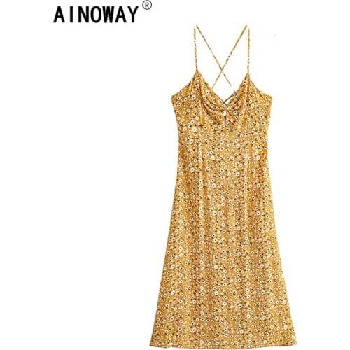 Vintage Women yellow floral print sleeveless beach Bohemian rayon sundress Ladies Summer Spaghetti Strap Boho Midi dress