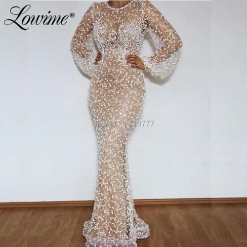 Illusion Beading Long Sleeves Abendkleider Elegant Mermaid Arabic Evening Dress 2019 Dubai Women Kaftans Lebanon Party Gowns