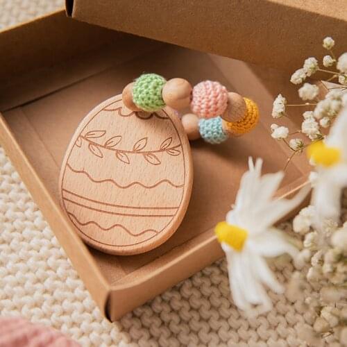 1Pcs Baby Wooden Teethers Food Grade Beech Wood Oval Sided Pattern Wooden Shape Egg Wooden Teether Newborn Toys