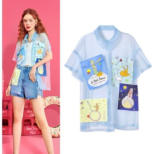 Maxi summer women blouse loose Oversized Cartoon print appliques casual funny punk streetwear Thin Mesh blouses tops NS692