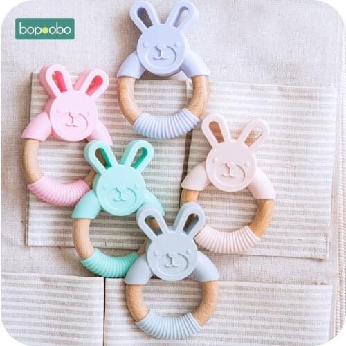 Bopoobo 5pc Food Grade Beech Wooden Teether Ring Baby Training Chewable Rabbit Teethers Diy Pendant Accessories Baby Products