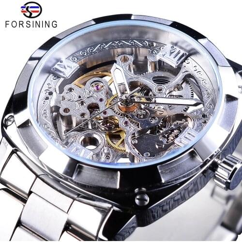 Forsining Silver Watches Folding Clasp with Safety Mens Automatic Watches Top Brand Luxury Transparent Watches Luminous Hands