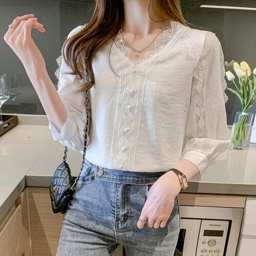 Chikichi 2021 Summer New Lace Fashion V-neck Shirt Women Commuter Office Lady Puff Sleeve Top Pullover Solid Blouse Blusas