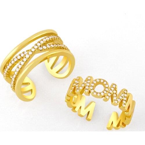 FLOLA Gold Plated Mom Open Cuff Rings Adjustable CZ Pave Bypass Finger Ring Stackable Wholesale Jewelry Mothers Day Gift rigk40