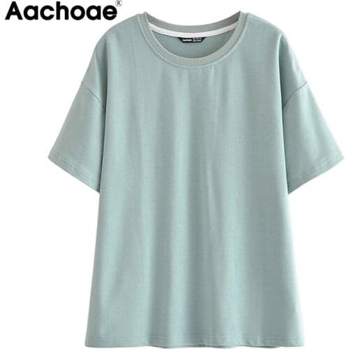 Aachoae Summer Solid Casual T Shirt Women O Neck Ladies Tops Batwing Short Sleeve Home Loose Tshirt Female Camisas De Mujer