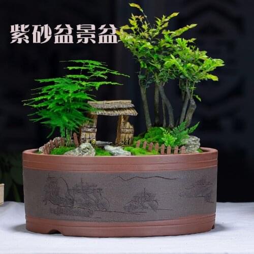 Yixing Purple Sand Flowerpot Large Diameter Round Straight Bowl Shape Old Pile Green Plant Bonsai Desktop Decoration