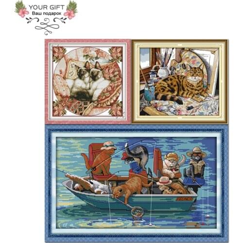 Joy Sunday D769D770D771 Home Decor Free Shipping Sleepy Cat And Oil Painting Fishing Cats Needlework Cross Stitch Kits