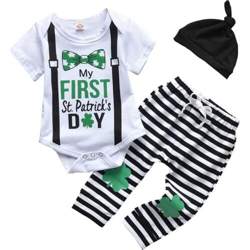 OPPERIAYA Baby Clothing Set My 1st St. Patricks Day Print Short Sleeve Romper and Stripe Pants and Hat Three-piece summer Suit
