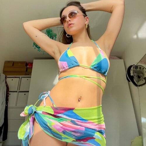 3 Pieces Swimwear Set Floral Print Solid Color Strappy Bikini Tops Panties+ Mini Skirt for Women For Summer Vocation Beachwear