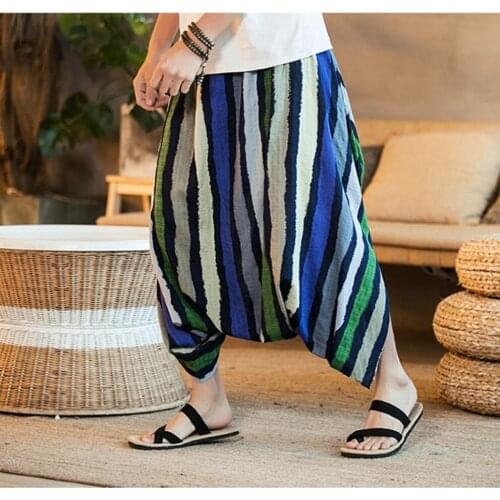 M-5xl 2021 Summer New Colored Stripes Lantern Pants Men Loose Linen Harem Pants Seven Wide Leg Pants Big Crotch Beach Pant