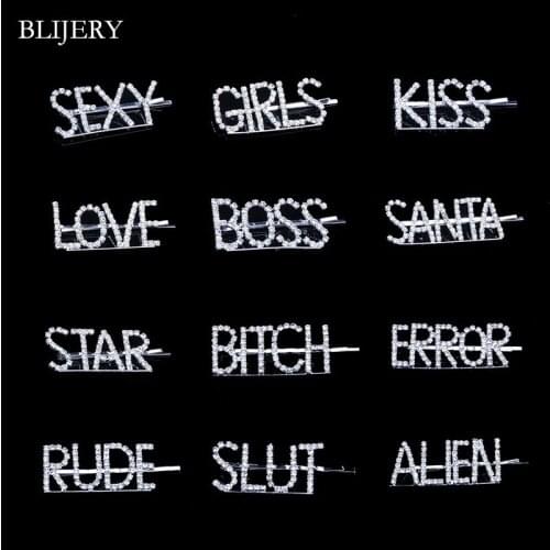 BLIJERY Trendy Crystal Hair Jewelry Unique Letter Barrettes for Women Kid Girls Gift Wedding Party Hair Pins and Clips Headwear