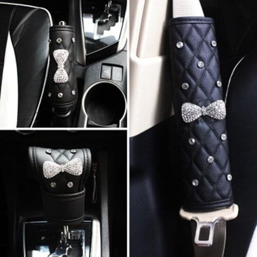 Car Seat Belt Cover PU Leather Butterfly Crystal Rhinestones Diamond Shifter Gear Cover Hand Brake Covers Handle Cover Sets