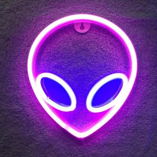 Neon Sign Alien Face Shaped Wall Hanging Lights for Home Childrens Room Saucerman Night Lamps Xmas Party Holiday Art Decor